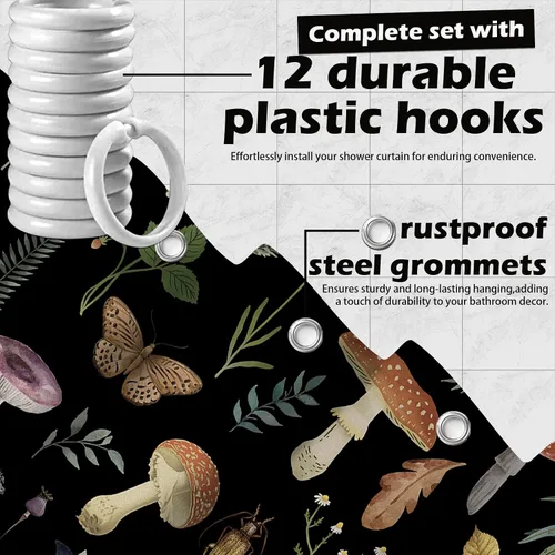 Miniatura 5 de Cortina de ducha de hongos, bonito juego de cortinas de ducha de hongos negros para decoración de baño, tela de poliéster impermeable con ganchos