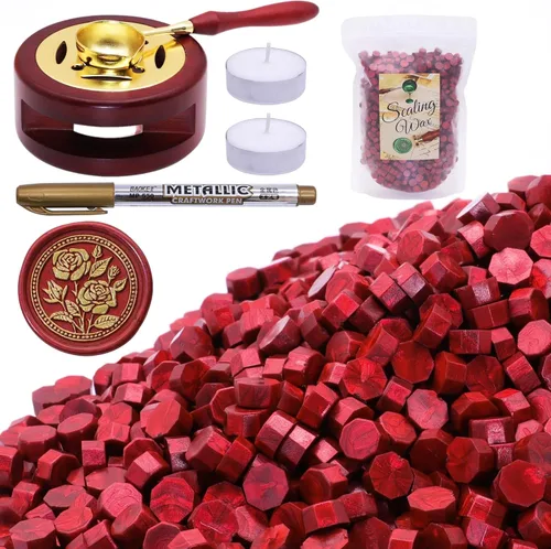 Miniatura 10 de SWANGSA Kit de cera de sellado, 1450 cuentas de cera de sellado, verde metálico, calentador de sello de cera, cuchara de cera, bolígrafo de sello