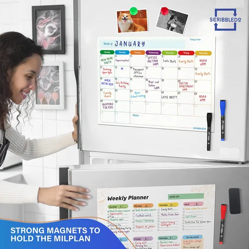 Miniatura 9 de Agenda mensual (paquete de 3) pizarra blanca magnética para refrigerador, calendario semanal de borrado en seco, calendario magnético