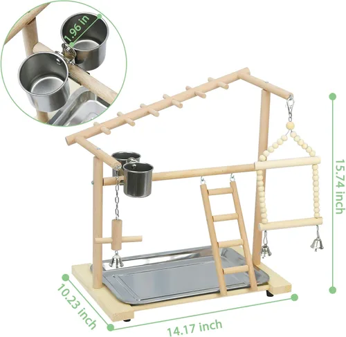 Miniatura 2 de Parrot Playstand Bird Playground Birdcage Soporte de madera Perca Escalera con comedero Tazas para Aves Juega Gimnasio Cockatiel Playground Incluye