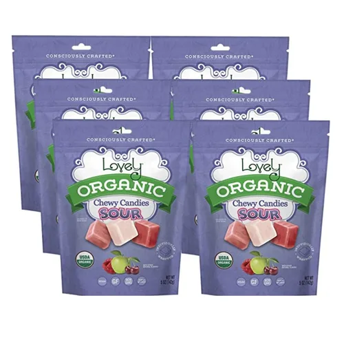 Miniatura 6 de Caramelos masticables orgánicos ácidos, bolsa de 5 onzas, sabor a frambuesa, manzana y cereza, sin HFCS, gluten o ingredientes falsos, 100% veganos