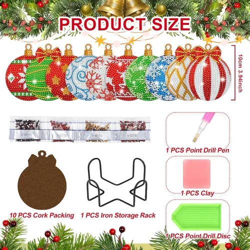 Miniatura 3 de 10 piezas de posavasos de arte de diamante con bola de Navidad DIY Posavasos de pintura de diamante rojo y verde con copo de nieve y alce de Navidad
