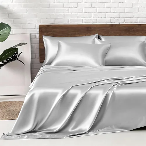 Miniatura 65 de MR&HM Sábanas de satén para cama de tamaño King, juego de 4 piezas de ropa de cama sedosa con bolsillo profundo de 15 pulgadas para colchón