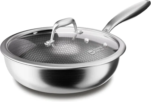 Miniatura 10 de COOKER KING Wok híbrido de acero inoxidable de 12 pulgadas con tapa, sartén antiadherente y sartén profunda, bandeja diaria de panal revestida