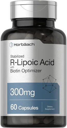 Horbäach Ácido R-lipoico estabilizado de 300 mg | 60 cápsulas | con optimizador de biotina | Sin OMG, sin gluten | Suplemento Na-RALA