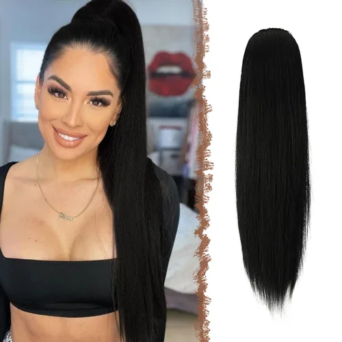 Miniatura 10 de FESHFEN Extensiones de cola de caballo rectas, colas de caballo largas con cordón, cola de caballo sintética con clip para mujer, color negro