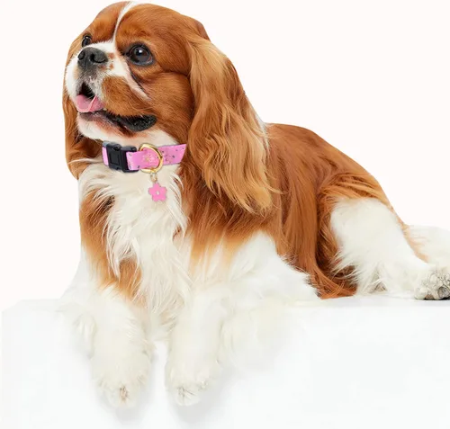 Miniatura 5 de Collar de perro de algodón hecho a mano para perros pequeños, medianos y grandes, flores rosadas con colgante, lindos collares de perro (M)