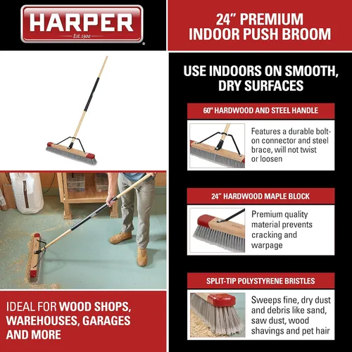 Miniatura 2 de Harper Escoba de empuje para interiores de 24 pulgadas, limpieza de piso de superficie lisa de alta resistencia con cerdas marcadas, barrido