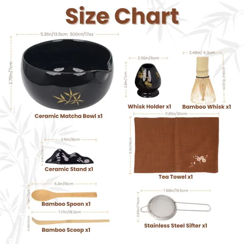 Miniatura 3 de Juego de batidor de matcha, 8 piezas de oro de flor de ciruelo para ceremonia de té japonesa, cuenco de cerámica con boquilla, batidor de bambú