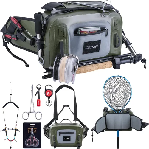 Miniatura 13 de Goture Riñonera de pesca impermeable, IPX8 840D TPU bolsa grande para aparejos con soporte para caña, cierre hermético de cremallera, bolsa de pesca