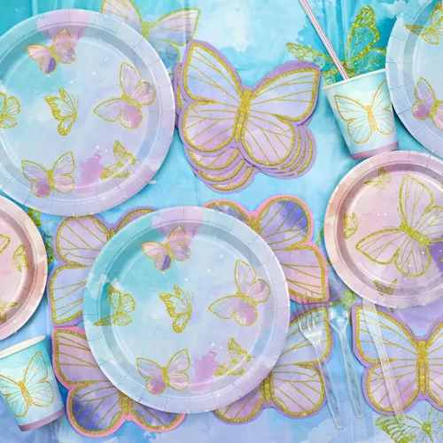 Miniatura 3 de 166 decoraciones de cumpleaños de mariposa, incluye platos de papel de mariposa, servilletas, vasos, mantel y pajitas para decoraciones