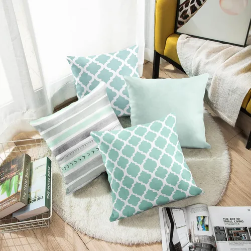 Miniatura 4 de Emvency Juego de 4 fundas de almohada de color menta, marroquí, verde, cuadrifolio, gris, acuarela, flechas, genéricas, sólidas, decorativas