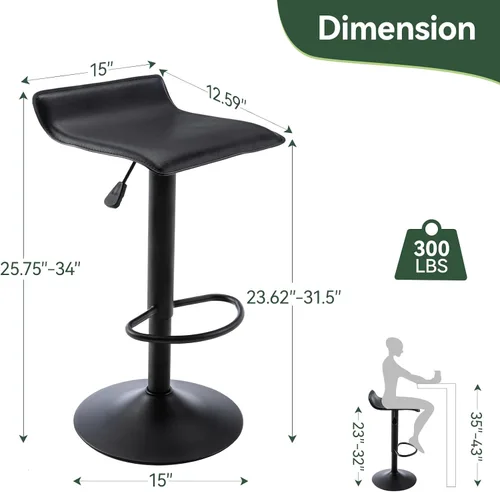 Miniatura 2 de Vogue Furniture Direct Juego de 2 taburetes de bar giratorios ajustables, modernos taburetes de altura de mostrador de piel sintética sin respaldo