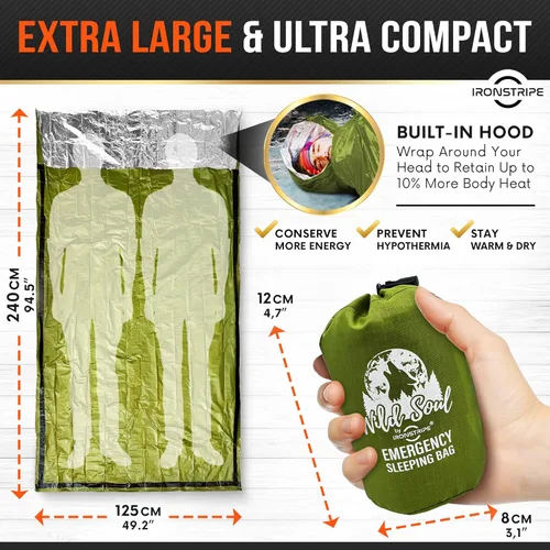 Miniatura 2 de Ironstripe Bivy Sack XL - Saco de dormir de supervivencia impermeable con silbato de emergencia, capucha integrada y Mylar térmico, resistente a