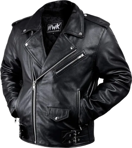 HWK Brando - Chaqueta de cuero para motocicleta para hombre, chaqueta de cuero negro genuino con armadura CE extraíble para montar en moto