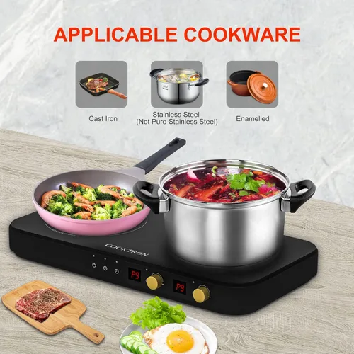 Miniatura 4 de COOKTRON Placa de inducción portátil de 2 quemadores con parrilla de hierro fundido removible antiadherente, placa de inducción doble de 1800W