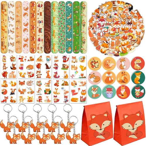110 pulseras con temática de zorro, llaveros adhesivos, insignias, tatuajes temporales, bolsas de regalo para niños, criaturas del bosque, zorro,