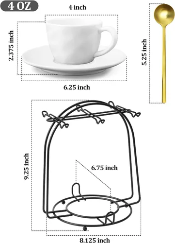 Miniatura 2 de Tazas de café de 4 onzas con platillos y soporte de metal, cucharas, tazas de café apilables de porcelana, tazas Demitasse, perfectas para expreso