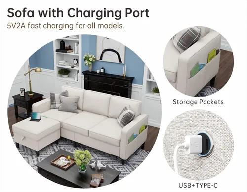 Miniatura 4 de Sofás seccionales para sala de estar, sofá convertible de 3 plazas en forma de L con puerto de carga USB otomano de almacenamiento, sofá moderno