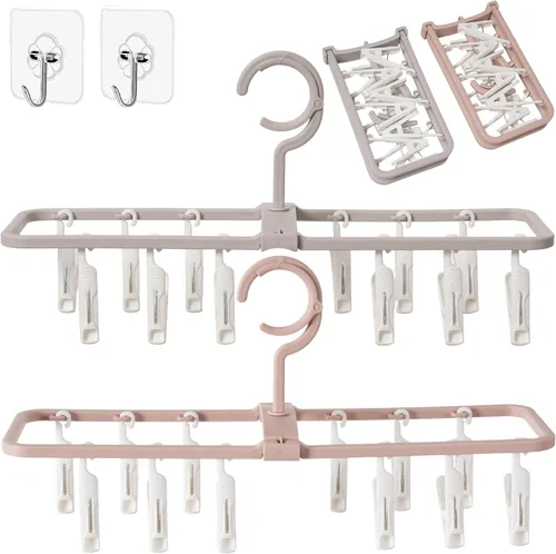 Percheros de secado de ropa, paquete de 2 perchas portátiles plegables pequeñas con 12 clips, gancho giratorio de 360° para calcetines, toallas,