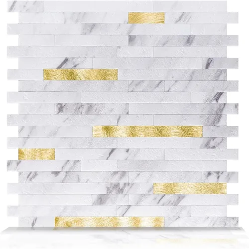 Art3d - Azulejo para cocina, baño, 10 hojas despega y pega, color blanco adornado con metal dorado. Volakas Blanco + Metal Oro