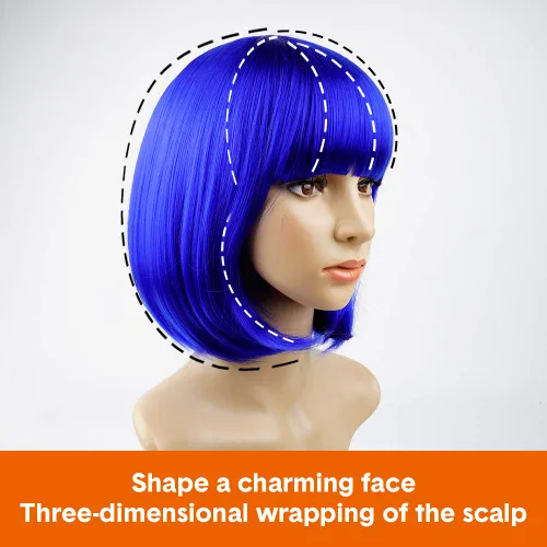 Miniatura 3 de Peluca azul Bob con flequillo de 12 pulgadas, peluca azul real corta de fibra sintética Bob para mujer, pelucas cortas Bob y peluca de cosplay