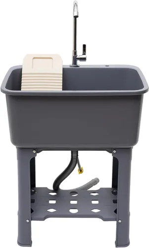 Miniatura 10 de Fregadero de plástico independiente con tabla de lavadero, lavabo para lavandería, lavabo con grifo caliente y frío para garaje, sótano, jardín