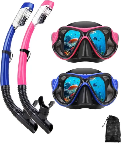 Miniatura 19 de Equipo de esnórquel para adultos, jóvenes y niños, juego de máscara de esnórquel con parte superior seca, juego de máscara de buceo antivaho