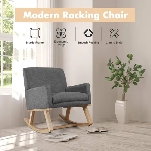 Miniatura 9 de S AFSTAR Mecedora, silla tapizada de tela con marco de madera resistente y asiento acolchado, sillón moderno para sala de estar (beige)