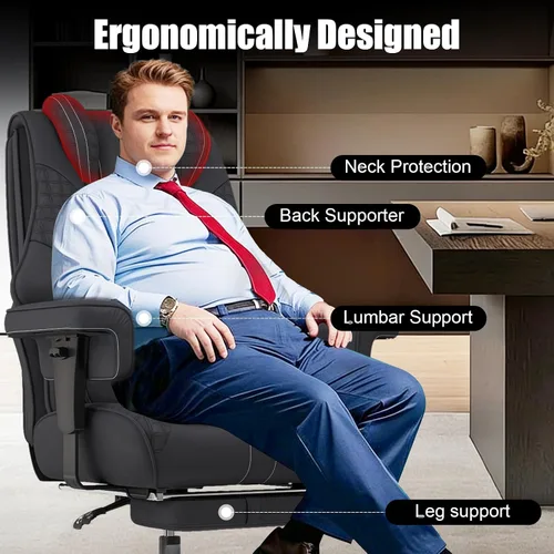 Miniatura 7 de Silla de oficina grande y alta de 400 libras, silla ejecutiva de cuero ergonómica ancha para personas pesadas con reposapiés, silla reclinable