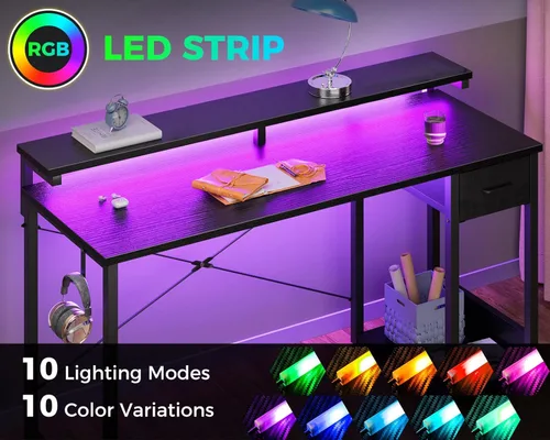 Miniatura 4 de AODK Escritorio para juegos con luces LED, escritorio para computadora de 55 pulgadas con cajones, escritorio pequeño reversible con soporte