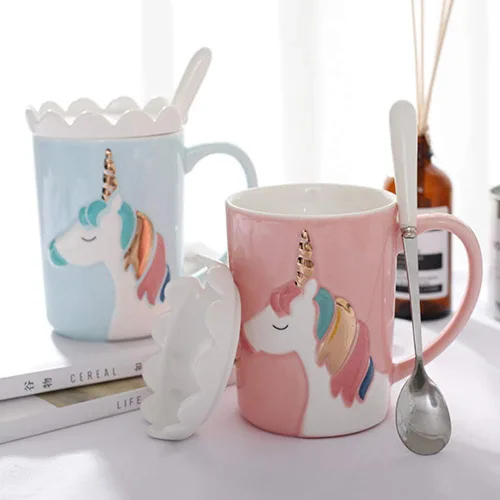 Miniatura 7 de Taza de unicornio BigNoseDeer, linda taza de café de cerámica con tapa y cuchara, lindas tazas para café, té, leche, lindas cosas Regalos