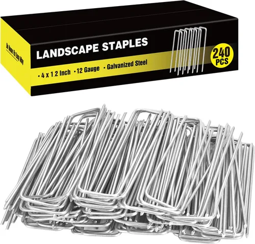 Miniatura 8 de Paquete de 240 grapas de paisaje de 15 cm, estacas de jardín galvanizadas para carpas, estacas resistentes calibre 11, alfileres de tela