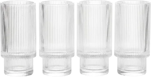 Juego de 4 vasos de cristal vintage Art Deco Highball de cristal acanalado – Ripple, cristalería Collins de 14 onzas, vasos de cóctel clásicos