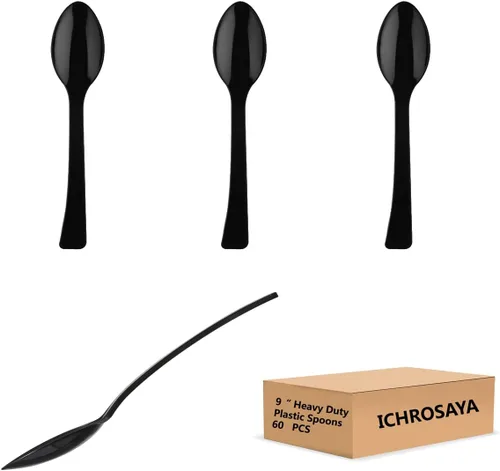 Paquete de 60 cucharas de plástico negro para servir, juego a granel de 9 pulgadas, cubiertos desechables resistentes, utensilios resistentes al