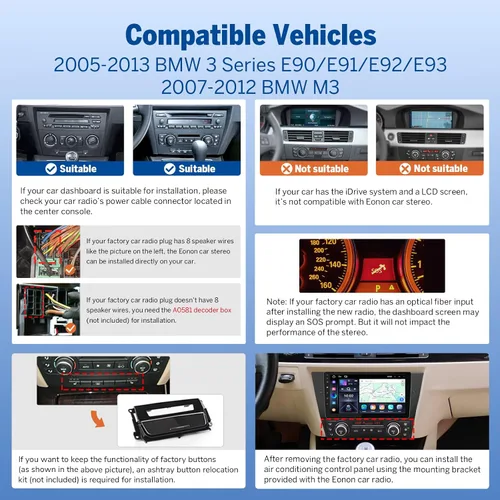 Miniatura 4 de Eonon 4+64GB estéreo para coche de 9 pulgadas CarPlay Radio para BMW Serie 3 2005-2013 (E90/E91/E92/E93), Android Auto pantalla táctil estéreo