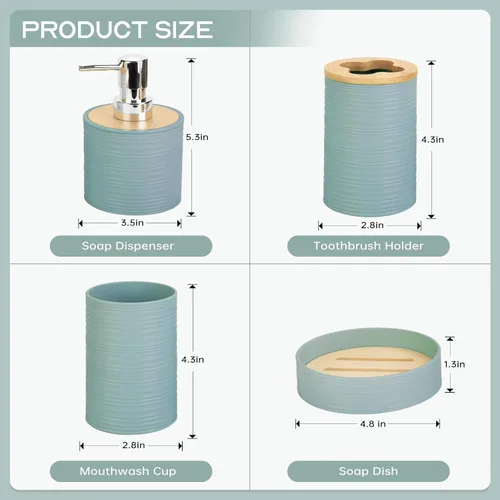 Miniatura 2 de Juego de accesorios de baño de bambú de 4 piezas, juego de accesorios de baño con dispensador de jabón y soporte para cepillos de dientes, jabonera
