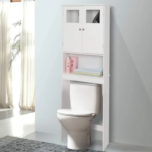 Miniatura 7 de Bonnlo Armario de almacenamiento sobre el inodoro con estante ajustable, organizador de suelo de baño blanco, ahorro de espacio con puertas dobles