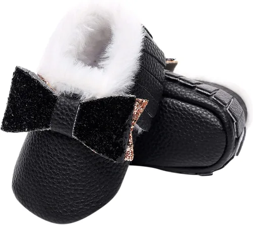 Miniatura 6 de Botas para niños caminantes para niñas con lazo de nieve para primer bebé zapatos anchos de felpa para bebé color negro 0-3 meses