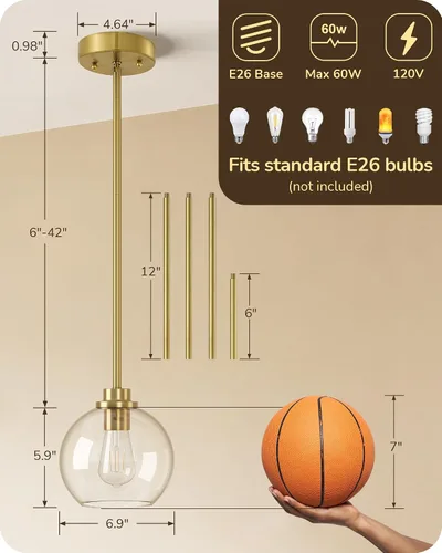 Miniatura 7 de EDISHINE Luces Colgantes para Isla de Cocina, Moderna Lámpara Colgante Dorada con Pantalla de Globo de Vidrio Transparente, Varilla de Metal Dorado