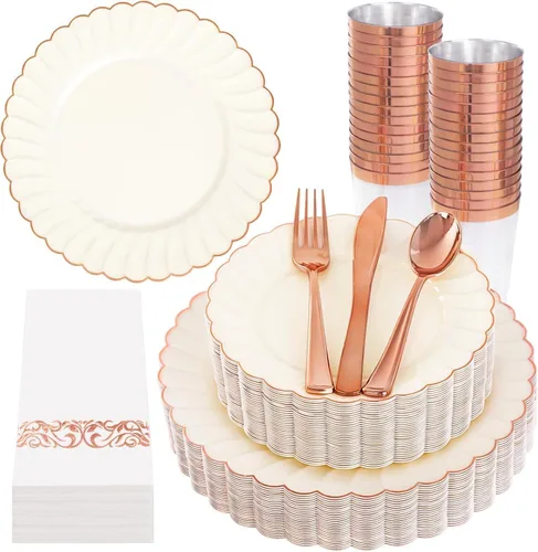 Miniatura 21 de YOUBET - 350 piezas de platos de plástico negro y dorado - Juegos de vajilla desechable dorada para 50 invitados - 100 platos de plástico, 150