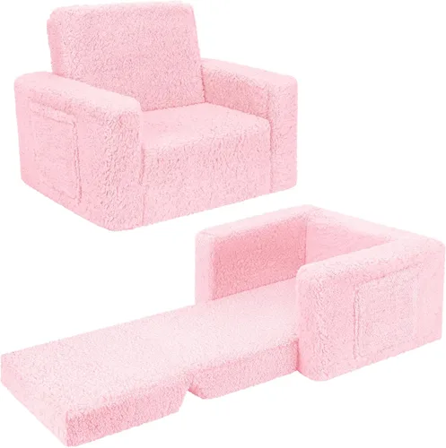 SLIGUY Sofá convertible para niños pequeños, sofá a tumbona, funda de sherpa, color rosa oscuro Rosa Sherpa