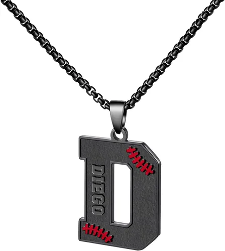 Miniatura 36 de Ldurian Collar personalizado con nombre de béisbol, cadena negra de acero inoxidable, collar con nombre deportivo, letra A-Z de 24 pulgadas, regalos