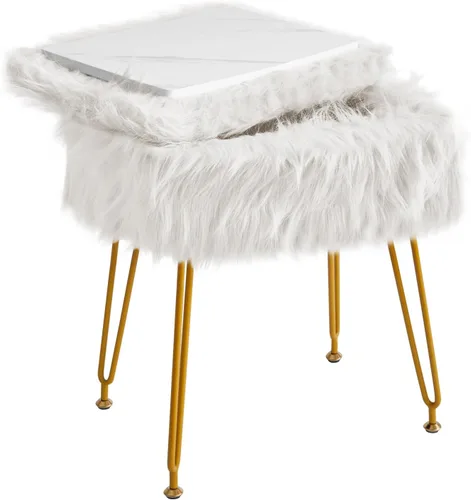 IBUYKE Taburete rectangular de piel sintética con almacenamiento, silla de maquillaje peluda, asiento acolchado suave, reposapiés redondo con 4