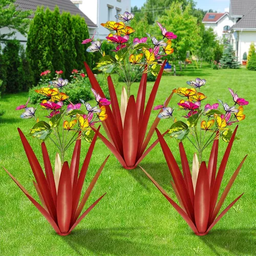 Miniatura 12 de TOMBABY Mariposa de Jardín Exterior Agrandada Engrosada Resistente al Viento Metal Agave Arte de Jardín Metal Planta Escultura de Campo Estatua Rojo