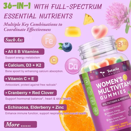 Miniatura 4 de Totaria Gomitas multivitamínicas sin azúcar para mujeres mayores de 14 años con hierro, inositol, folato, biotina, gomitas multivitamínicas diarias