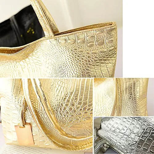 Miniatura 6 de Valentoria Bolso de hombro grande para mujer, bolso de mano, bolso de viaje, elegante, tipo satchel, de cuero sintético con estampado de cocodrilo