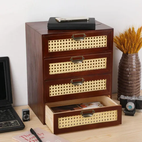 Miniatura 2 de GoooodGift Caja de almacenamiento grande de madera con cajones (gabinete boboticario, marco de ratán, marrón)