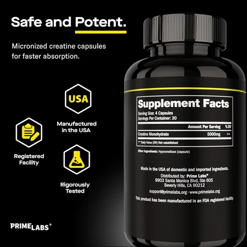 Miniatura 6 de Prime Labs Cápsulas de monohidrato de creatina - 5g (5000mg) - Crecimiento muscular, recuperación, función cerebral - para hombres y mujeres - 120