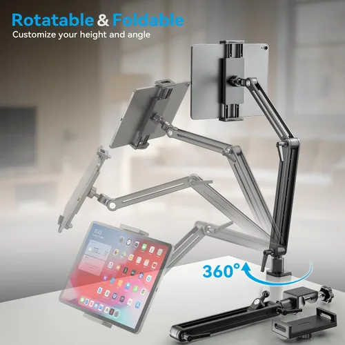 Miniatura 6 de Jakeko Soporte Ajustable para Tablet en Escritorio - Base Giratoria de 360 Grados, Soporte de Brazo Alto, Montura Giratoria y Abrazadera Flexible